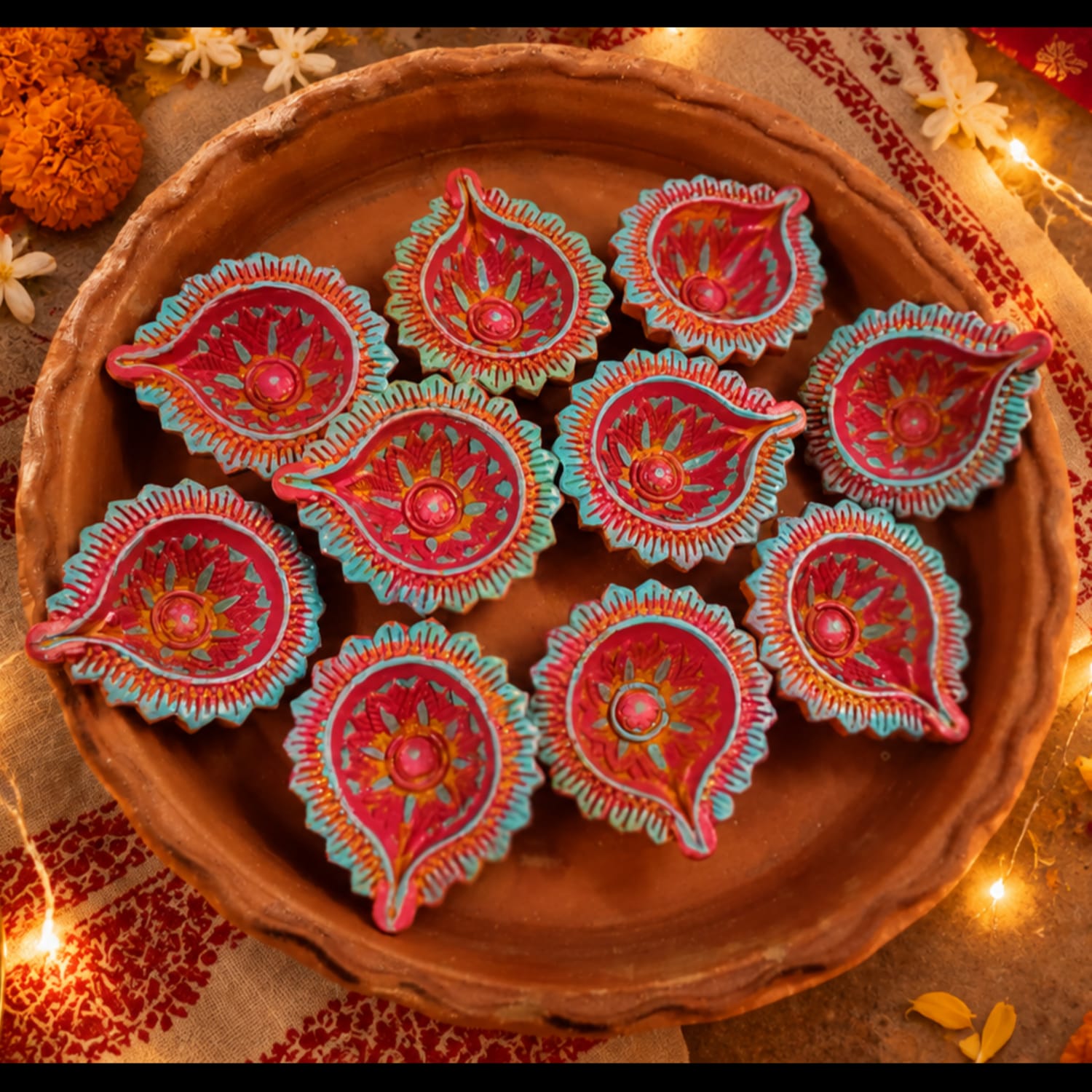 Hand- Painted Desgner Terracotta Diya - Festive Collection