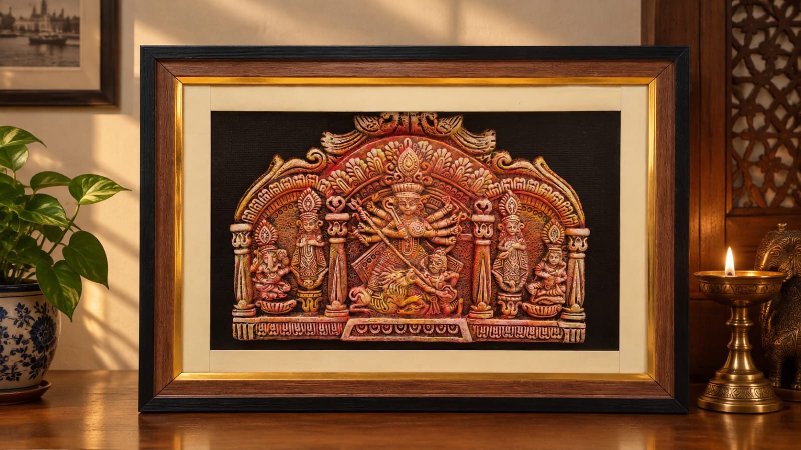 Premium Terracotta Maa Durga Mural Art with Glass Frame | Handcrafted Traditional Indian Wall Décor | 15 × 11 Inch