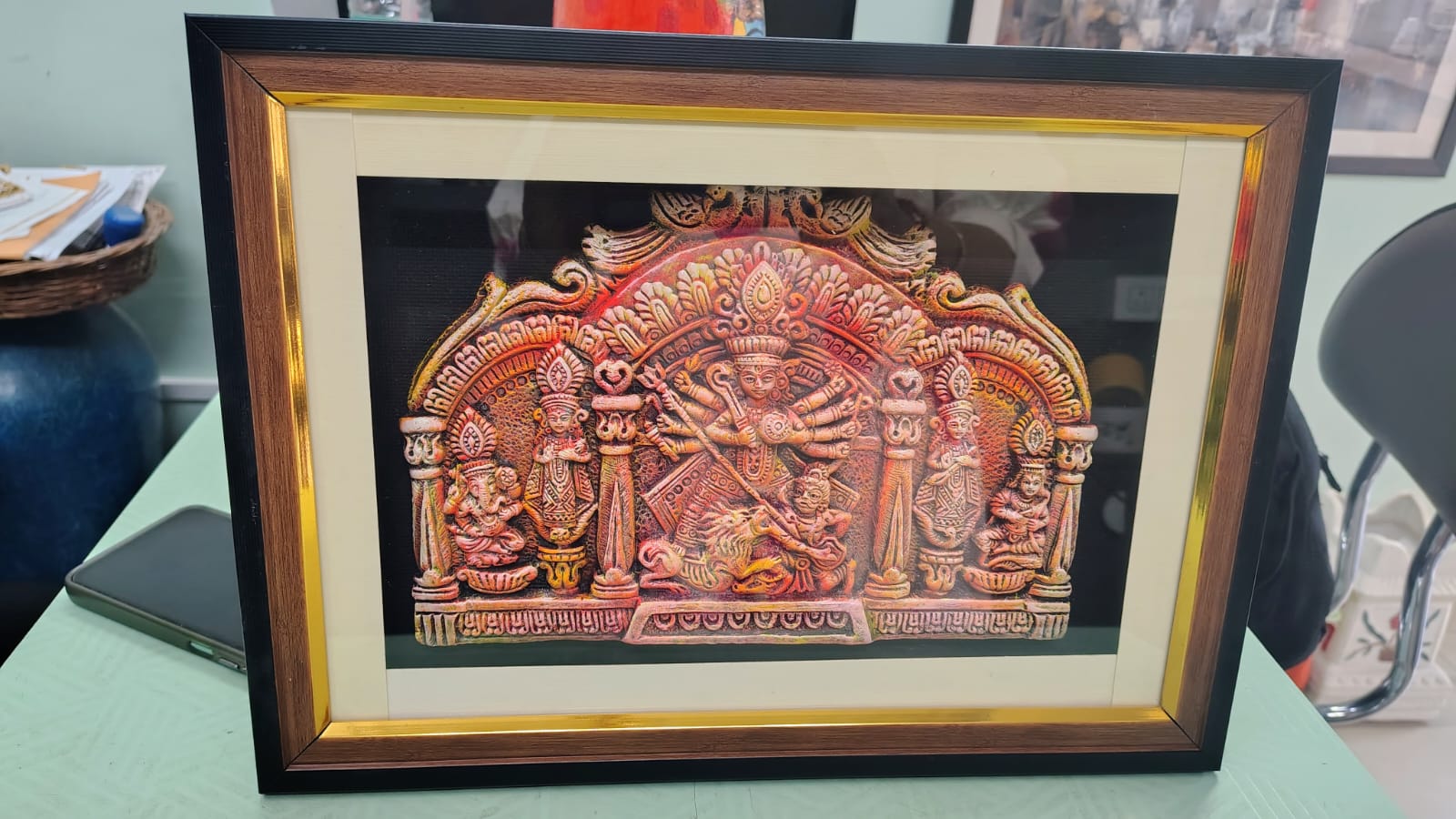 Premium Terracotta Maa Durga Mural Art with Glass Frame | Handcrafted Traditional Indian Wall Décor | 15 × 11 Inch