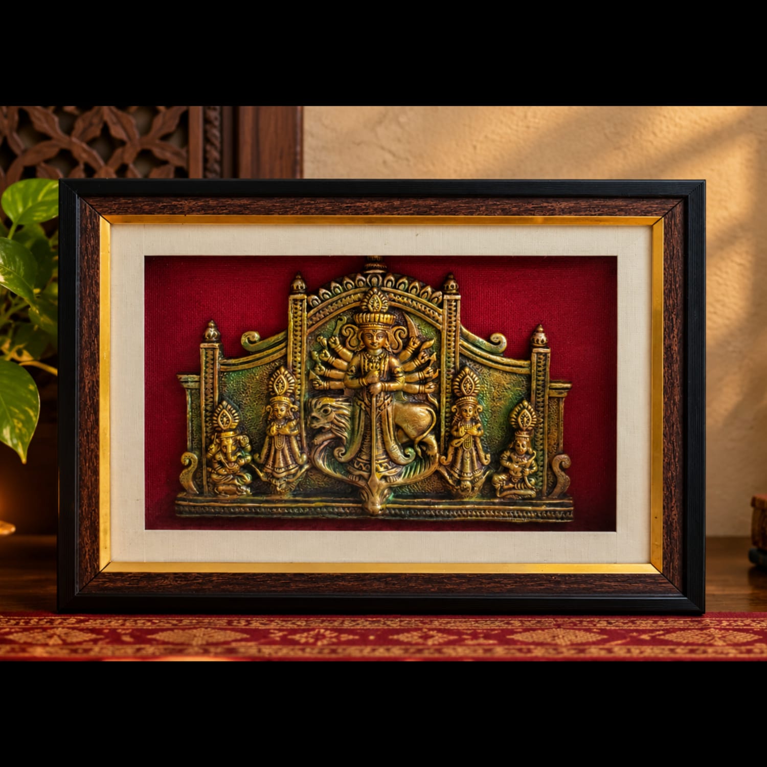 Premium Terracotta Maa Durga Mural Art with Glass Frame | Handcrafted Traditional Indian Wall Décor | 15 × 11 Inch